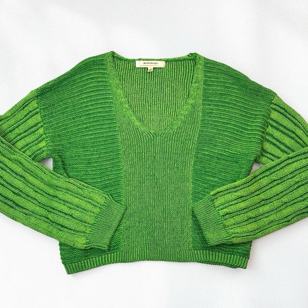 BlueVelvet Green Textured Knit Sweater L Cotton V-Neck Long Sleeve 90s Y2K